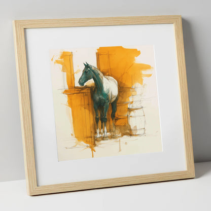 Amber Yard Silhouette horse stable art print in natural frame