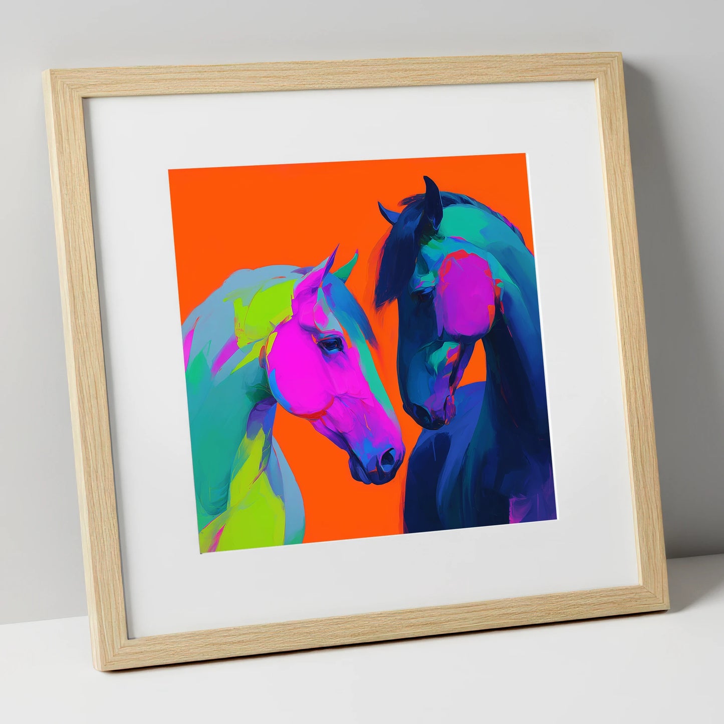 Chromatic Encounter horse portrait art print in natural frame