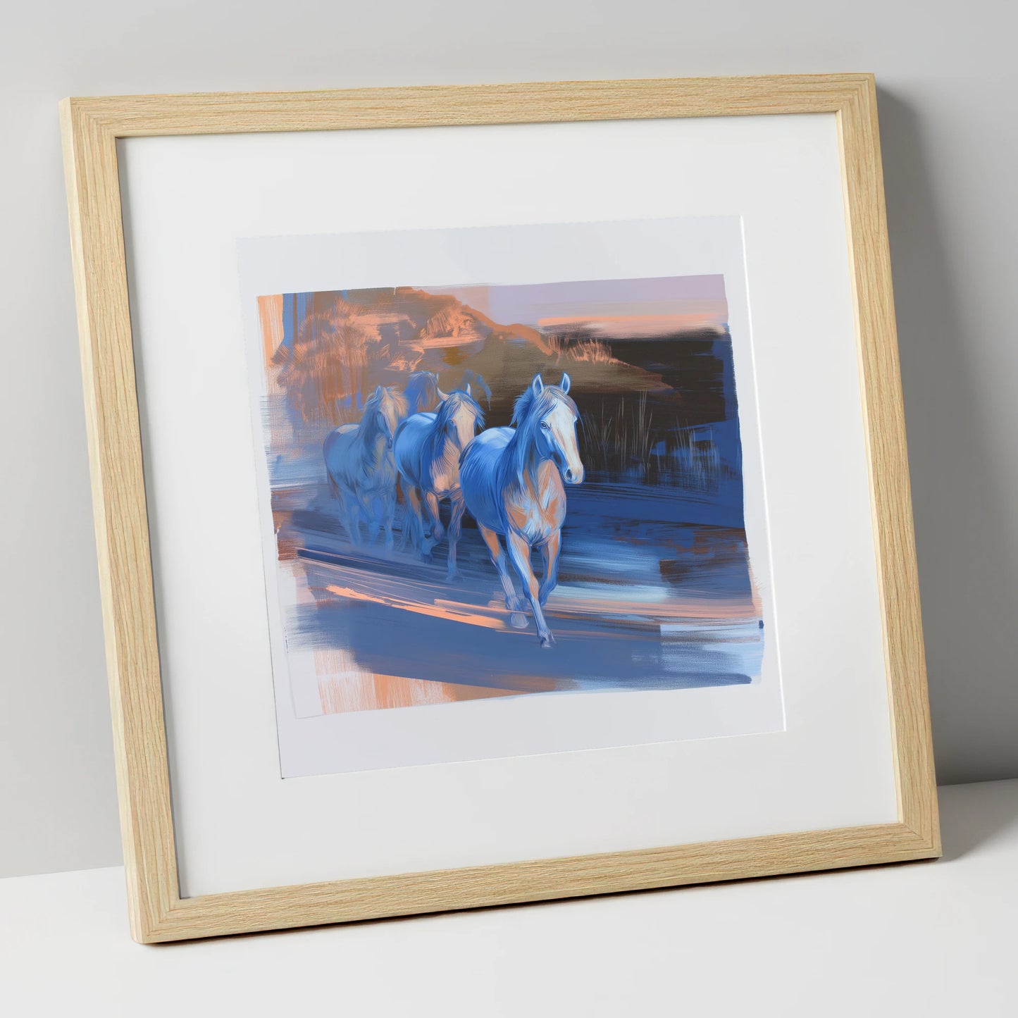 Cobalt Dawn Herd wild horses art print in natural frame