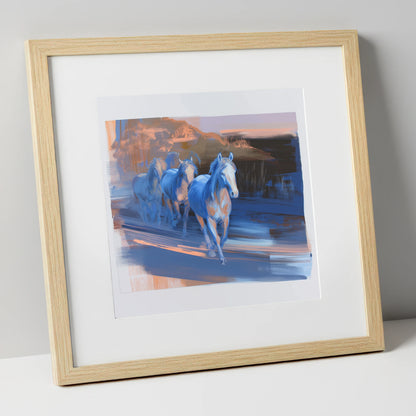 Cobalt Dawn Herd wild horses art print in natural frame