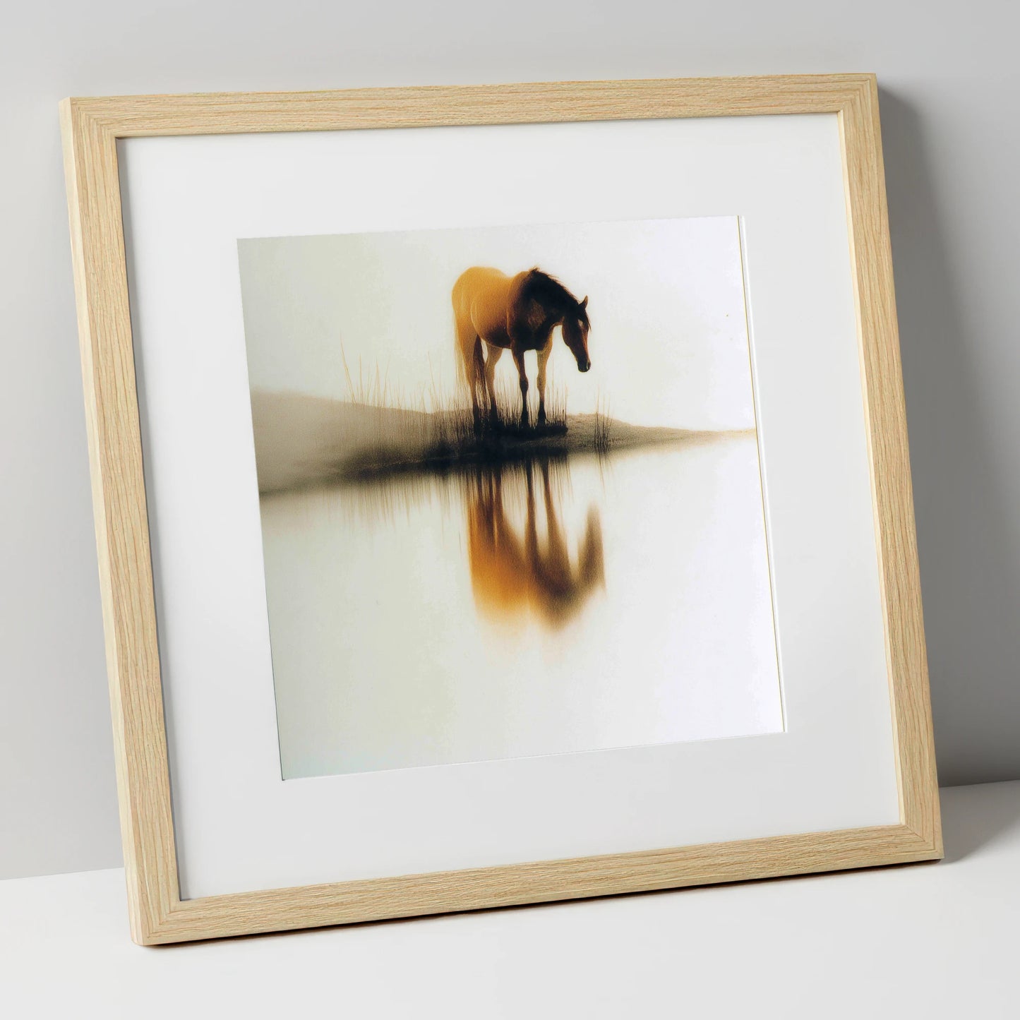 Amber Mist Reflection horse landscape art print in natural frame