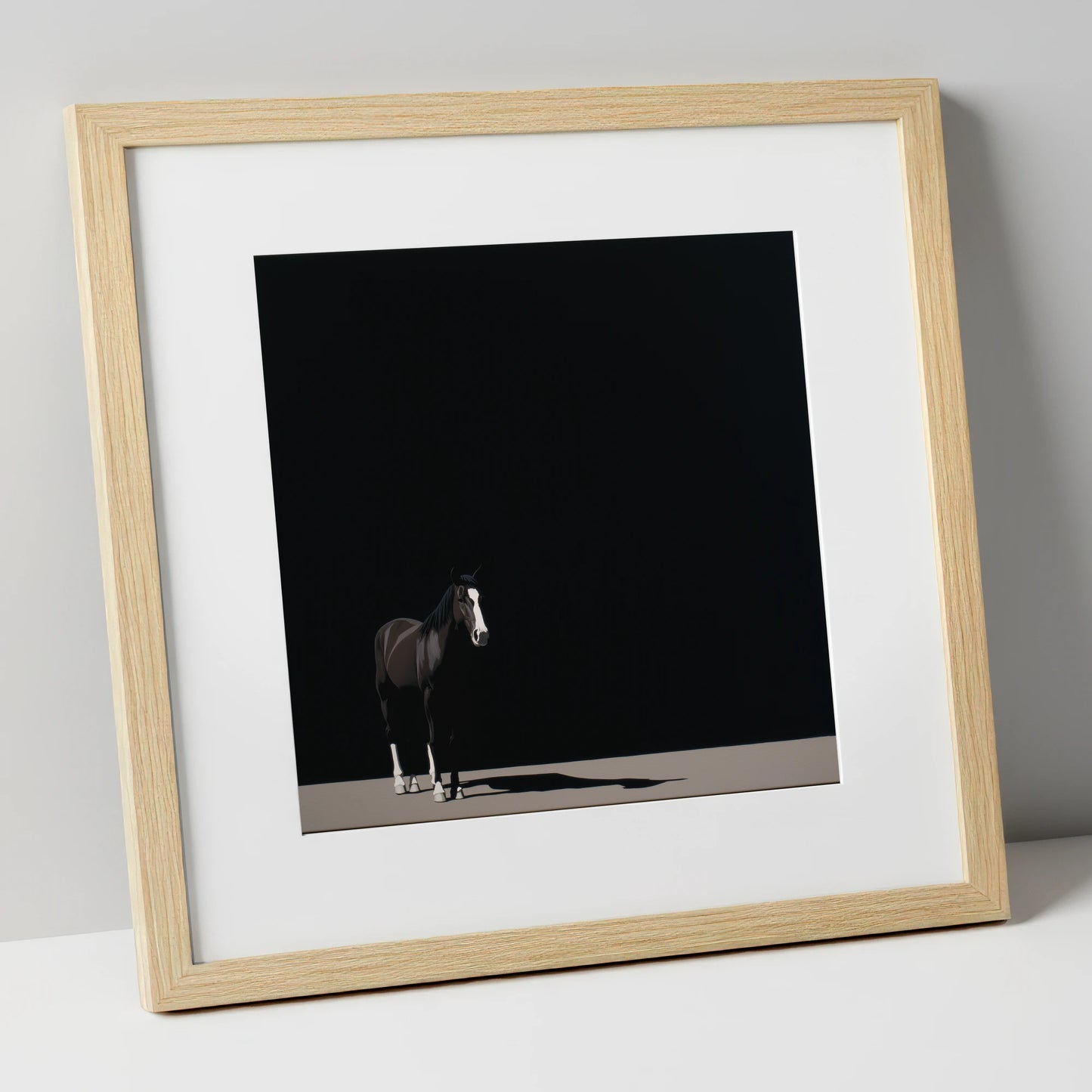Solitary in Shadow horse portrait art print in natural frame