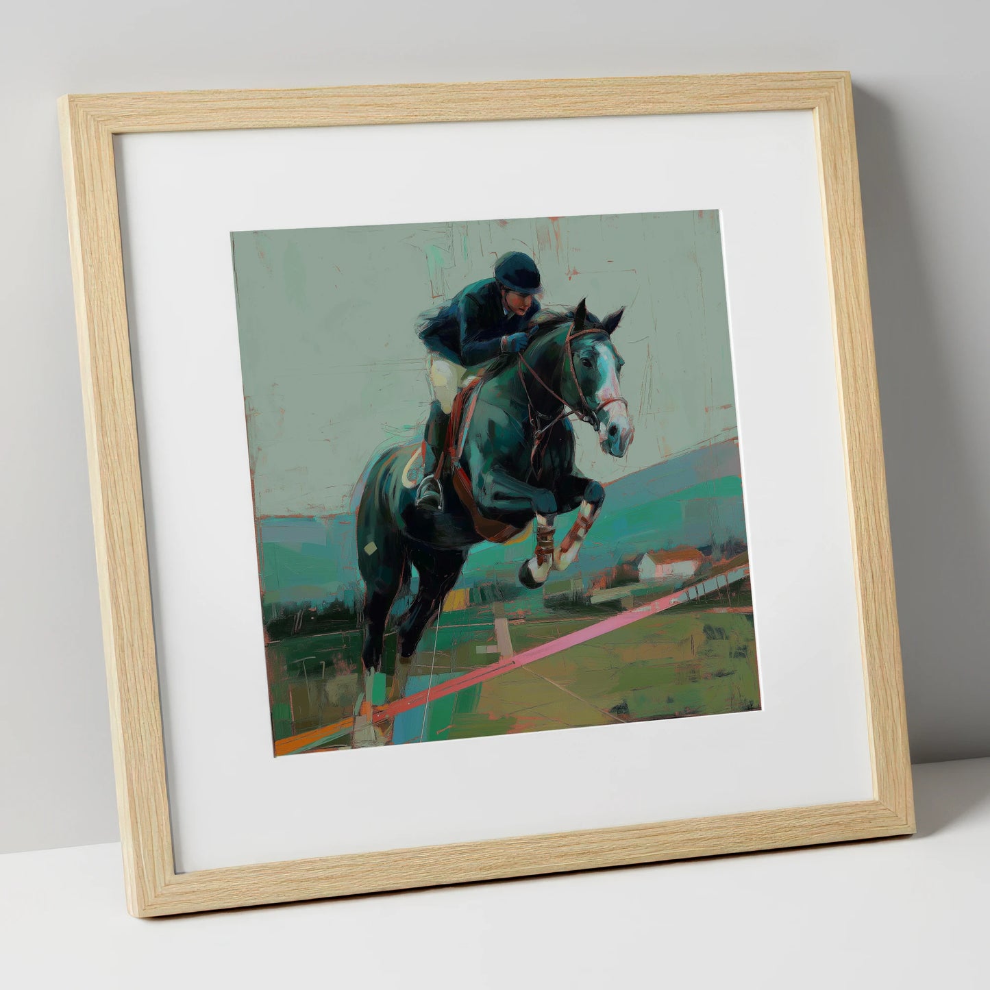 Midnight Flight show jumping horse art print in natural frame