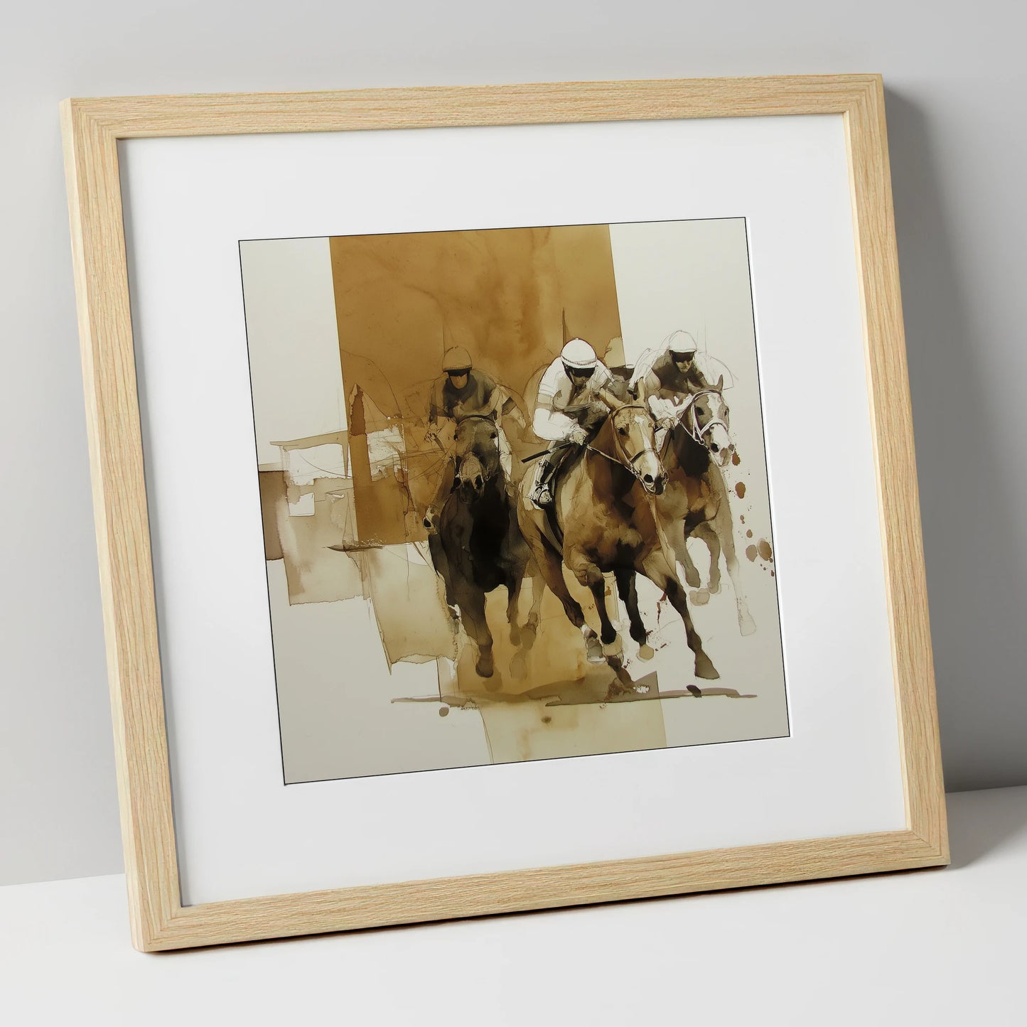 The Final Furlong racing horse art print in natural frame