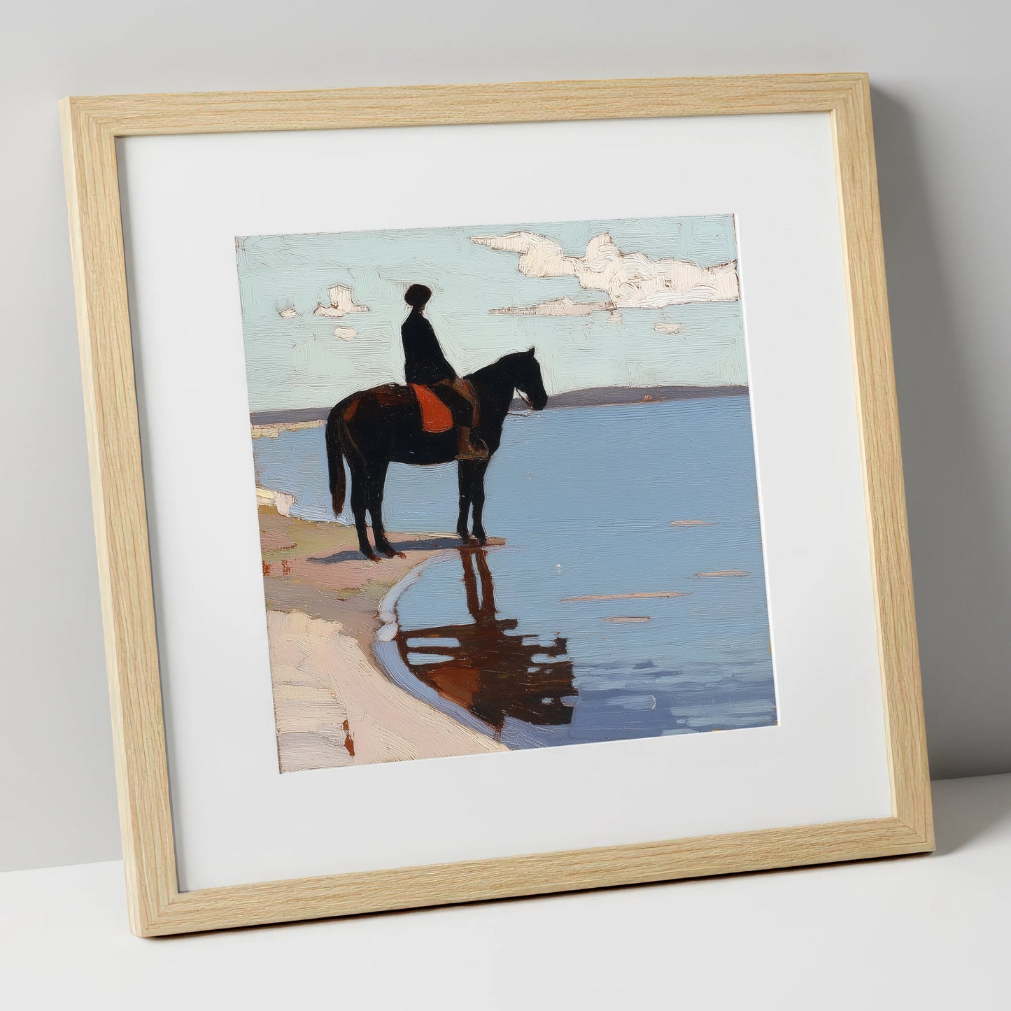 Stillness at the Shore beach horse art print in natural frame