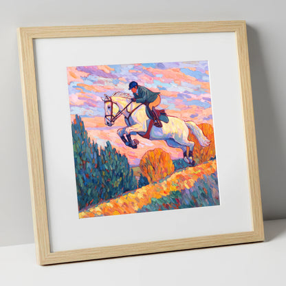 Airborne at Dusk show jumping horse art print in natural frame