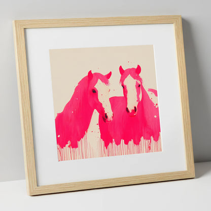 Vivid Magenta Pair horse landscape art print in natural frame