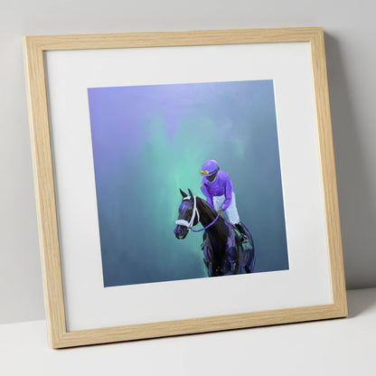 Quiet at the Post racing horse art print in natural frame