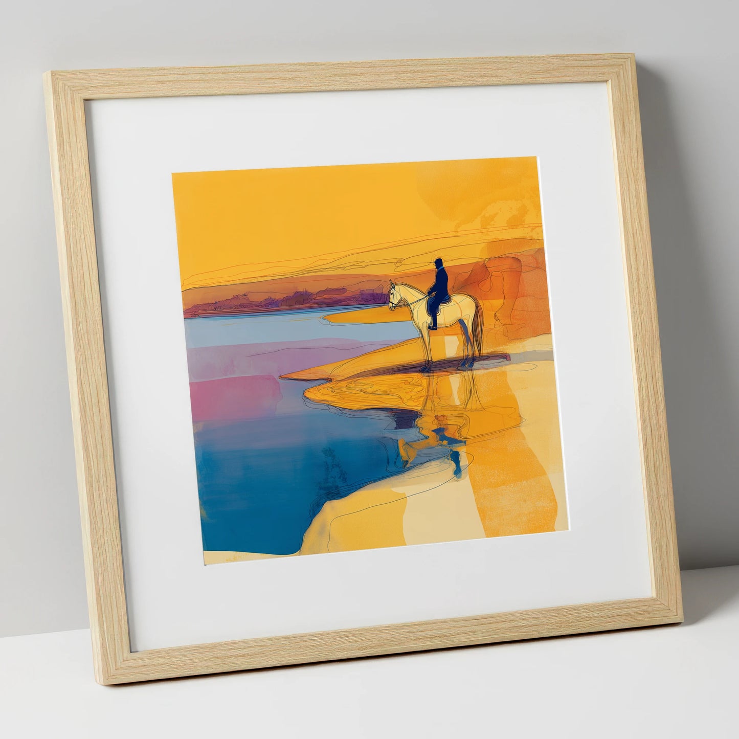 Golden Tide Silhouette beach horse art print in natural frame