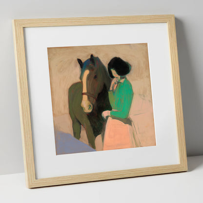 A Shared Silence horse & rider art print in natural frame