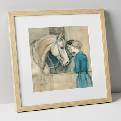A Gentle Exchange horse & rider art print in natural frame