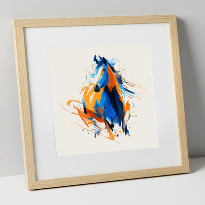 Cobalt and Amber Spirit horse portrait art print in natural frame