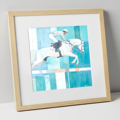 Aquamarine Ascent show jumping horse art print in natural frame