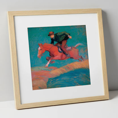 The Bold Leap show jumping horse art print in natural frame