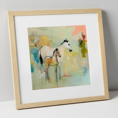 Ethereal Mare and Foal mare & foal art print in natural frame