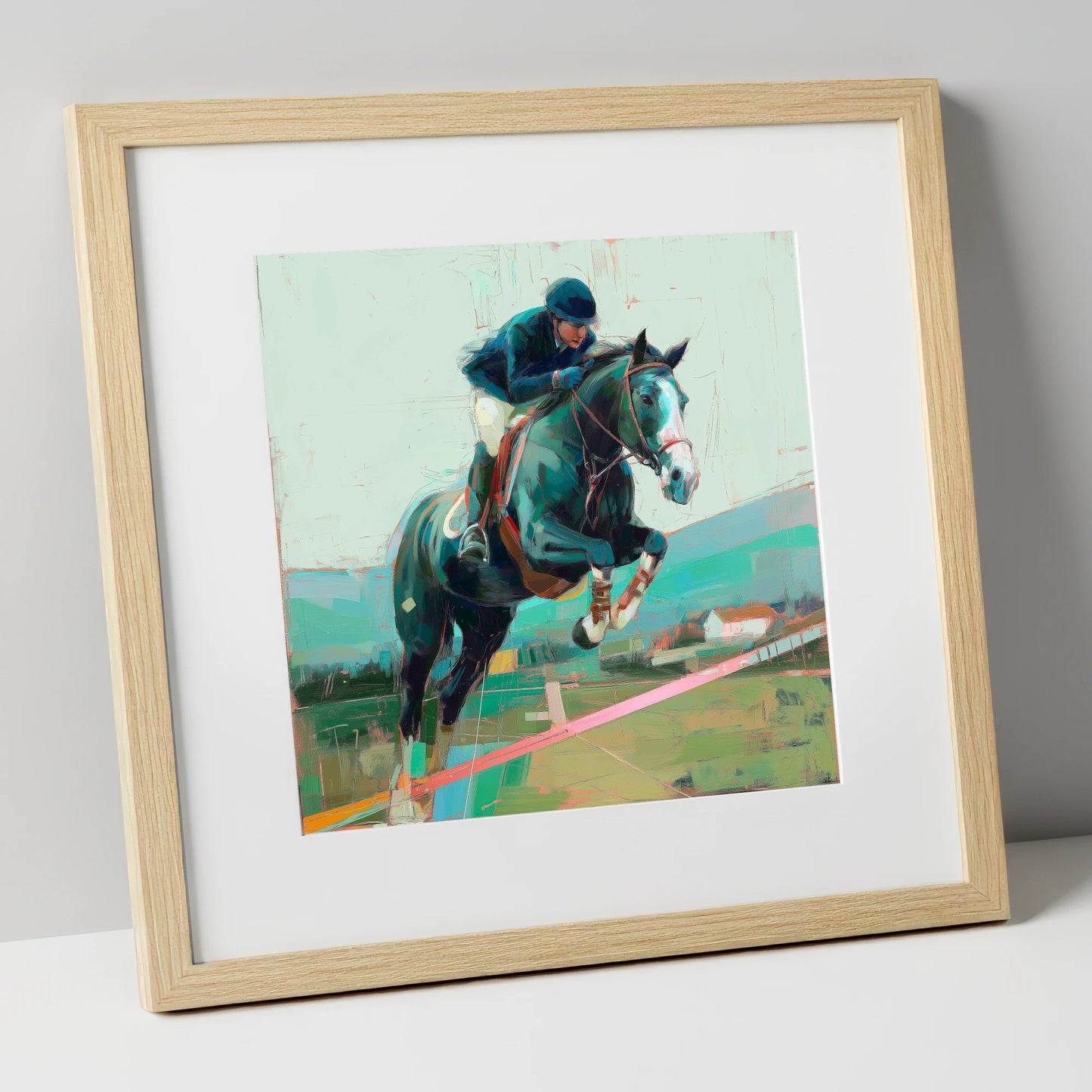 Midnight Flight show jumping horse art print in natural frame