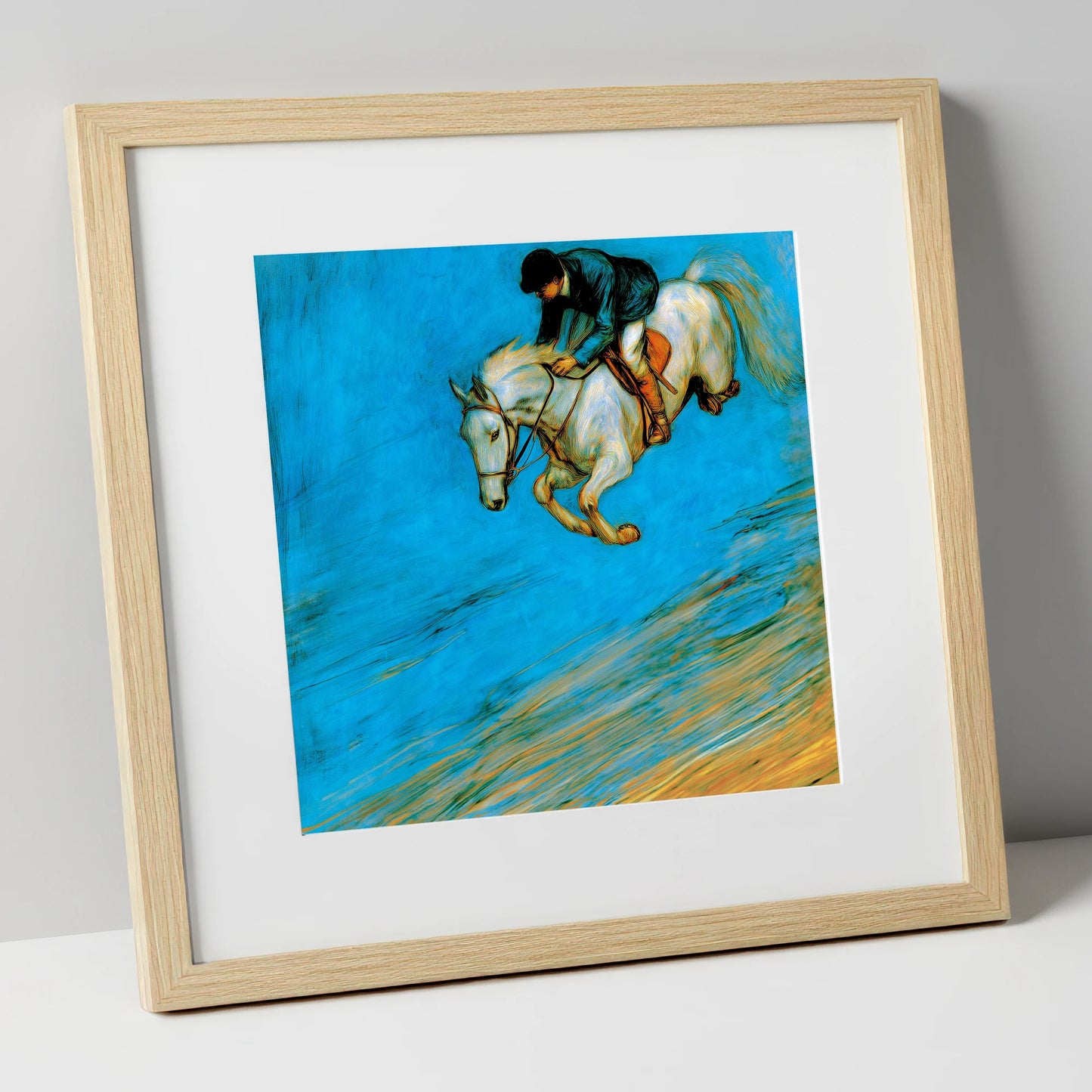 Cerulean Flight show jumping horse art print in natural frame