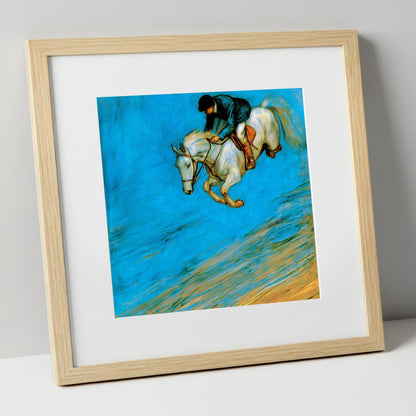 Cerulean Flight show jumping horse art print in natural frame
