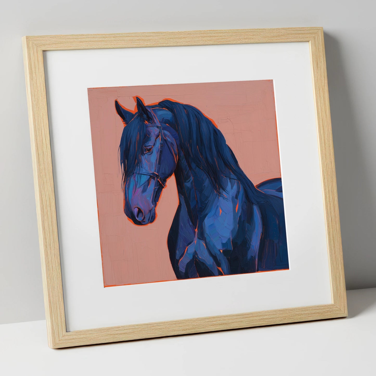Midnight Blue Majesty horse breed art print in natural frame