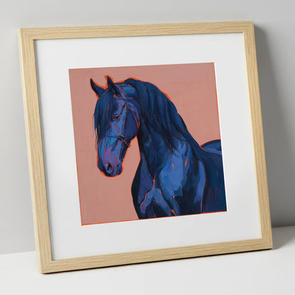 Midnight Blue Majesty horse breed art print in natural frame