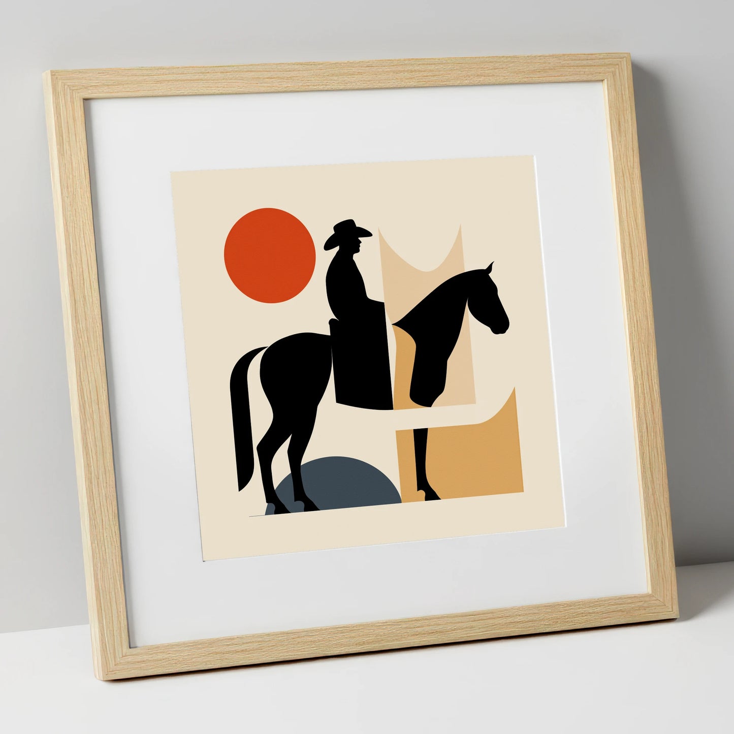 Abstract Western Silhouette western horse art print in natural frame