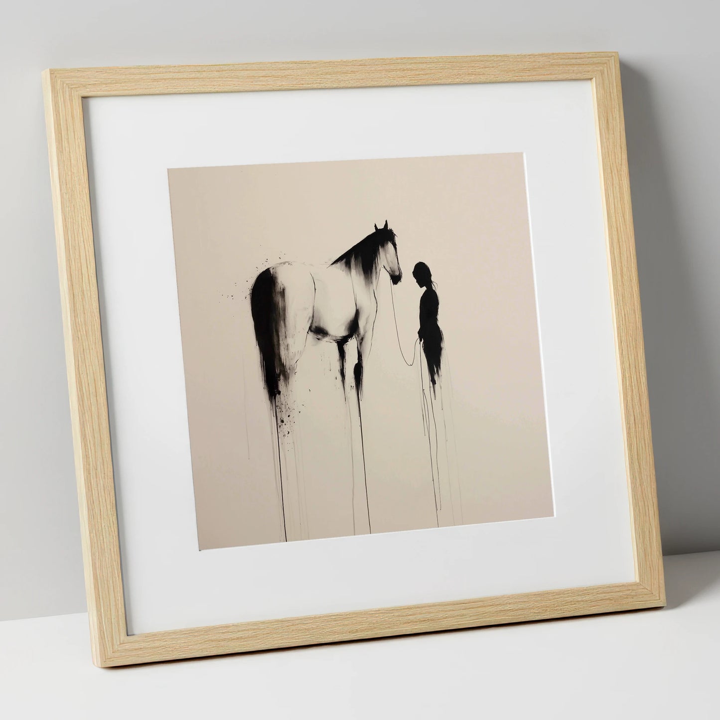 The Unspoken Bond horse & rider art print in natural frame