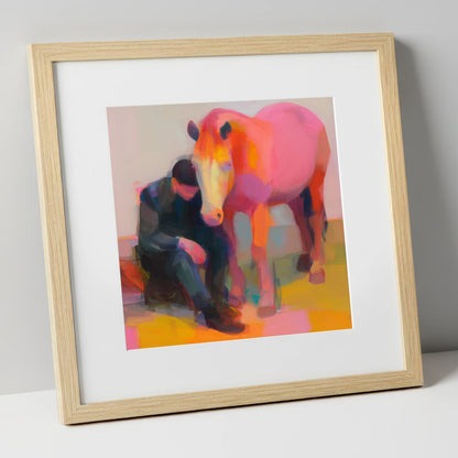 Radiant Solace horse & rider art print in natural frame