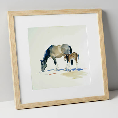 Spring Pasture Shadows mare & foal art print in natural frame