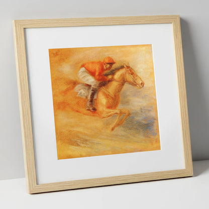 Flight Over Terracotta racing horse art print in natural frame