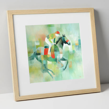 Abstract Turf Stride racing horse art print in natural frame