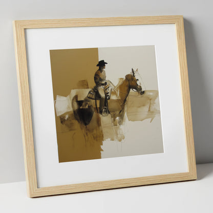 Solitary Western Rider western horse art print in natural frame