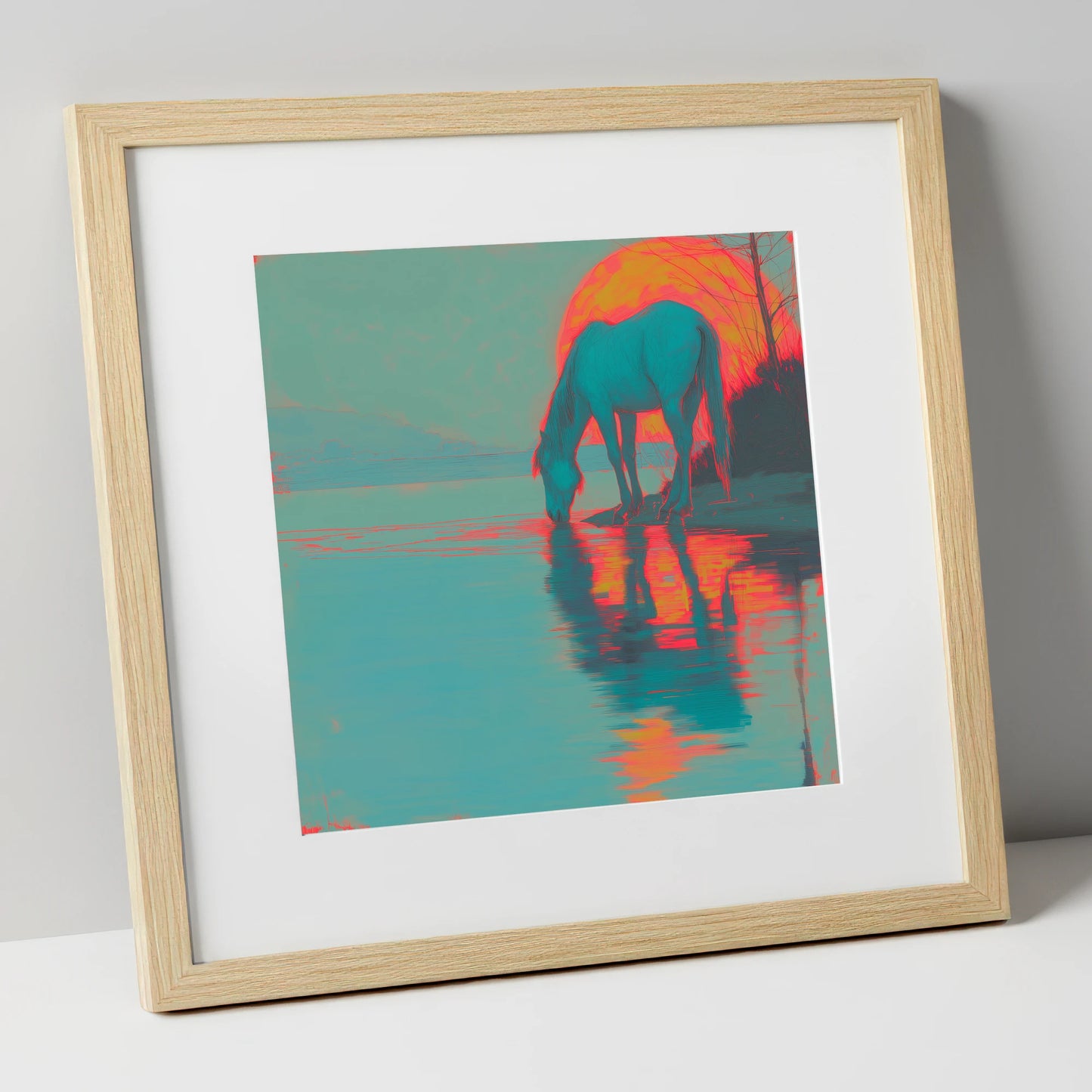 Electric Sunset Reflections horse landscape art print in natural frame
