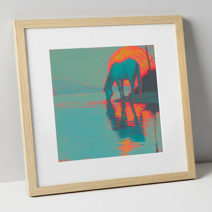 Electric Sunset Reflections horse landscape art print in natural frame
