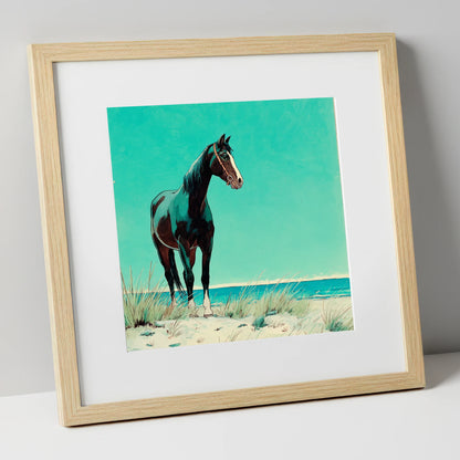 Teal Coastal Vigil horse landscape art print in natural frame