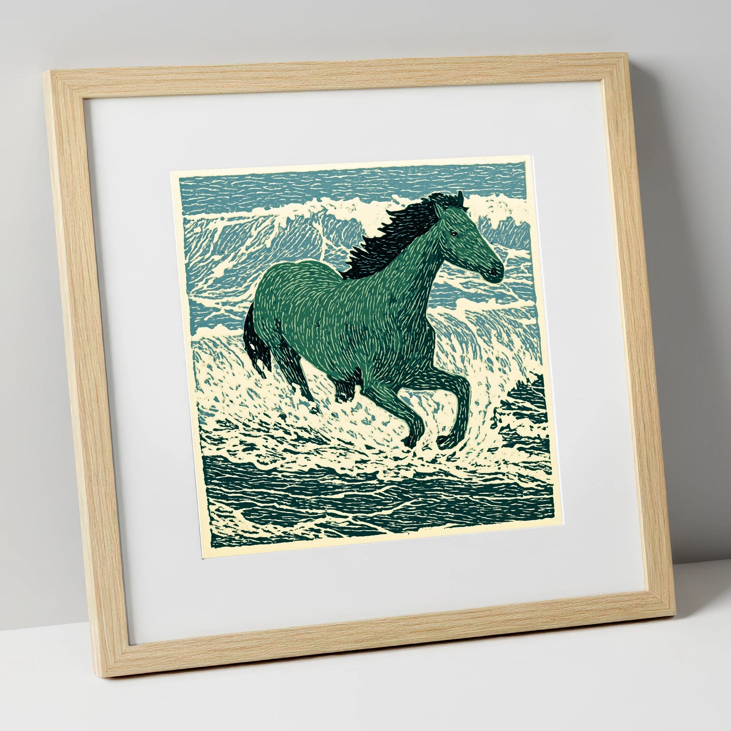 Emerald Surf Canter beach horse art print in natural frame