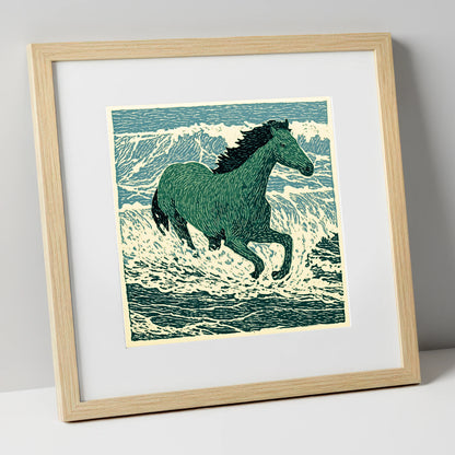 Emerald Surf Canter beach horse art print in natural frame