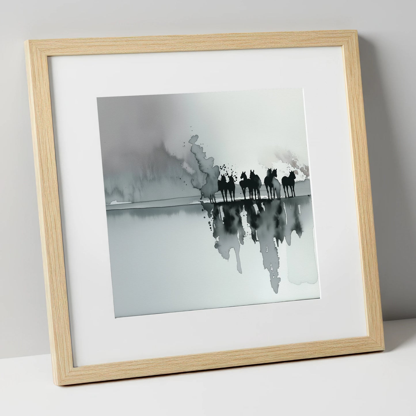 Monochrome Mist Herd wild horses art print in natural frame