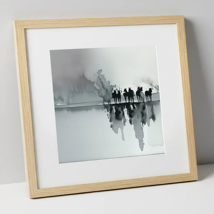 Monochrome Mist Herd wild horses art print in natural frame