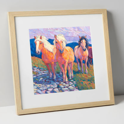Painted Highland Herd horse landscape art print in natural frame