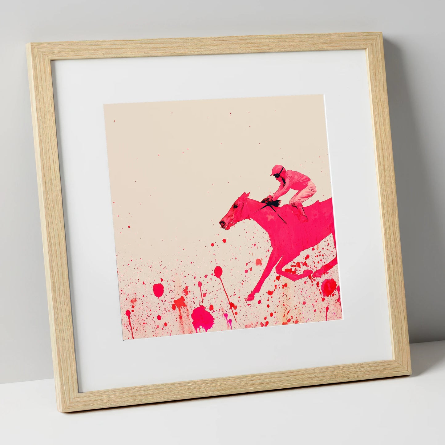 Velocity in Magenta racing horse art print in natural frame