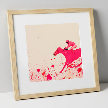 Velocity in Magenta racing horse art print in natural frame