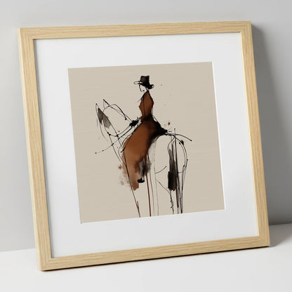 Sepia Equestrian Silhouette horse & rider art print in natural frame