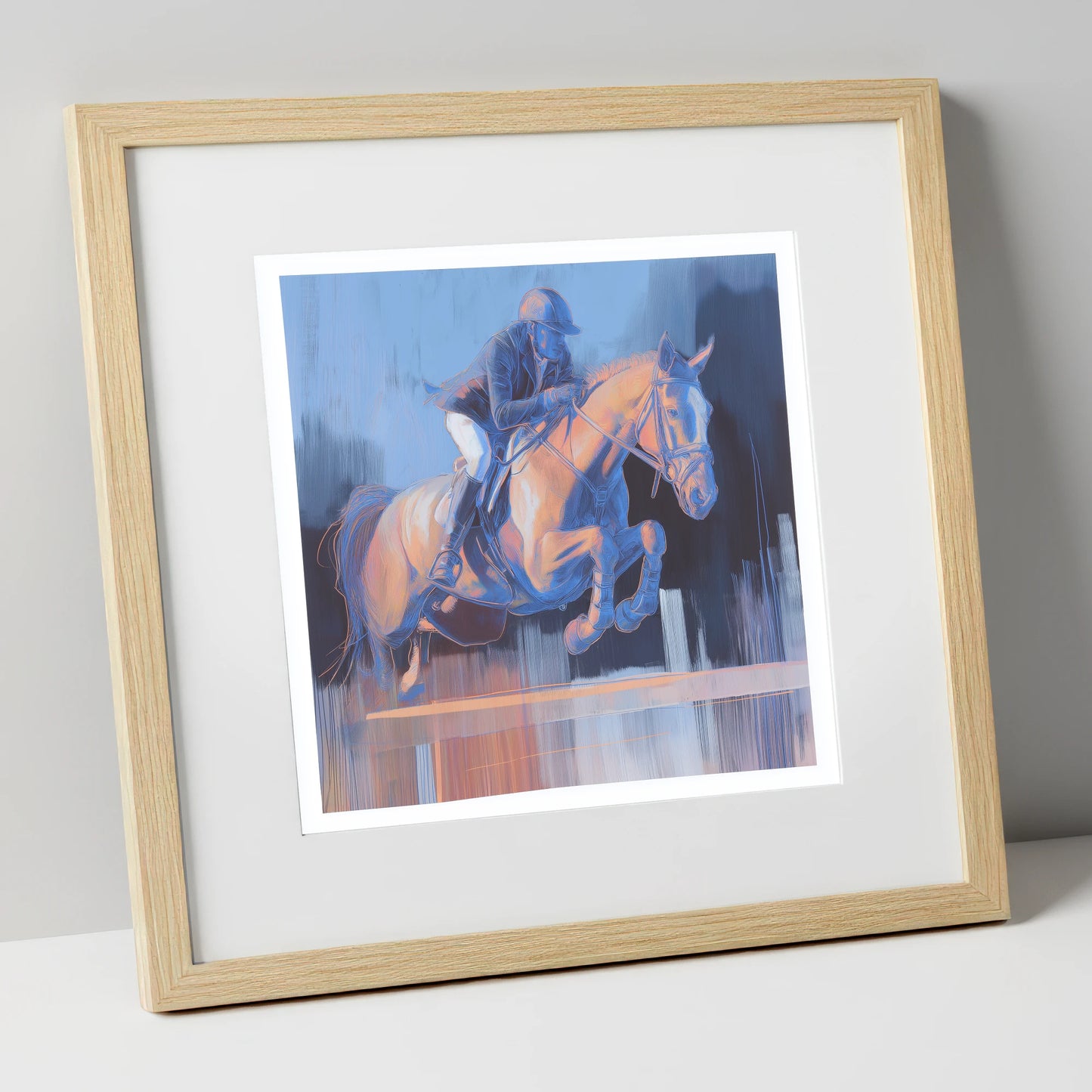 Cobalt Ascent show jumping horse art print in natural frame