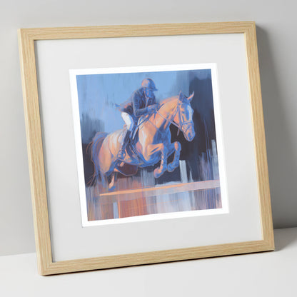 Cobalt Ascent show jumping horse art print in natural frame