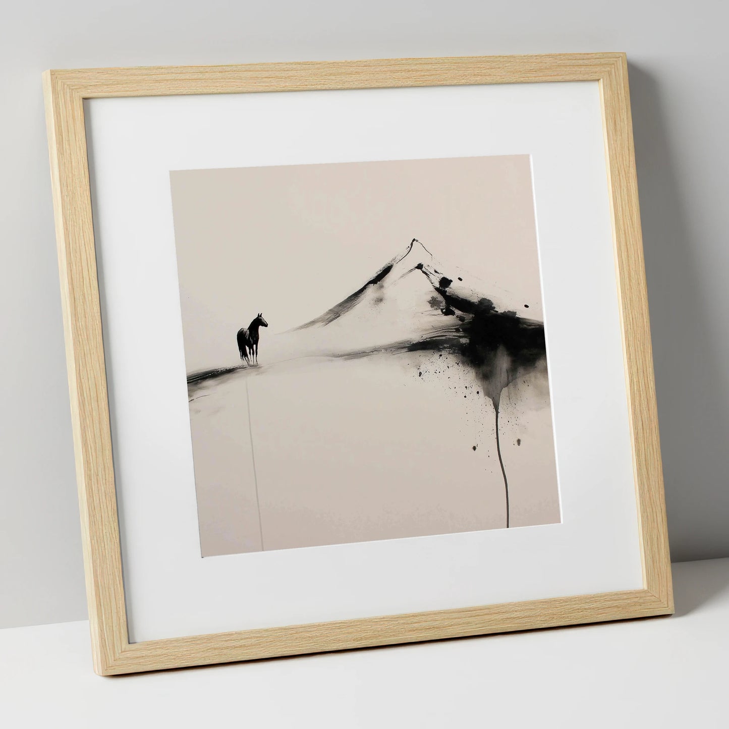 Solitary Mountain Silhouette horse landscape art print in natural frame