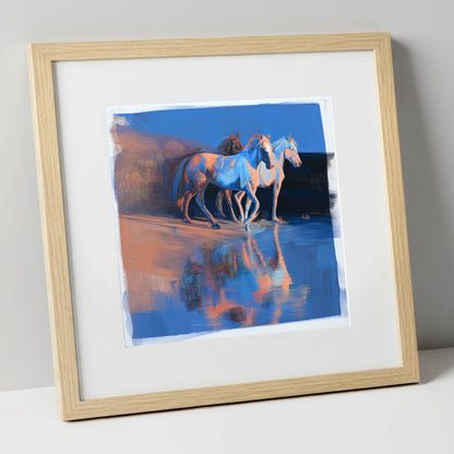 Wild Reflections at Dawn wild horses art print in natural frame