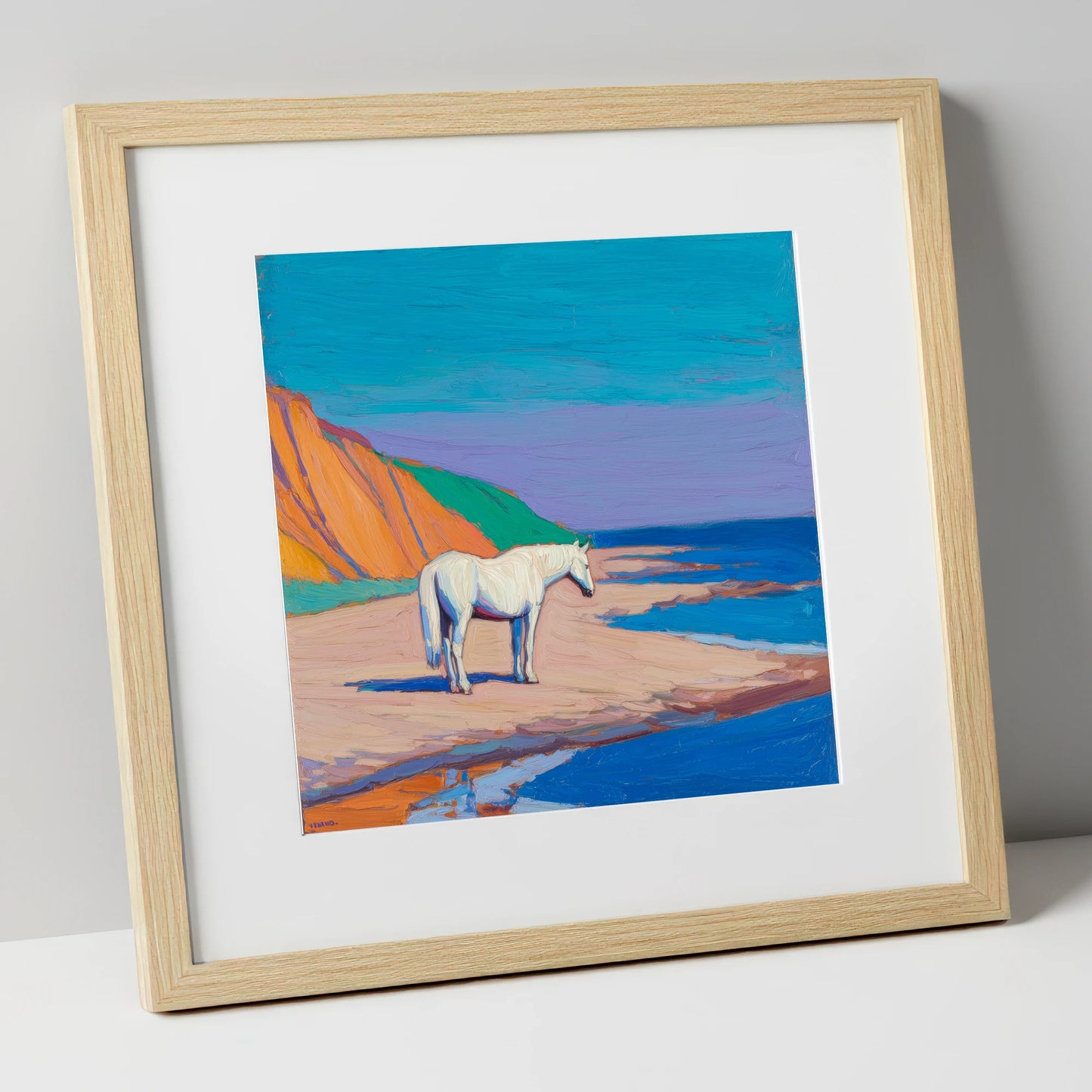 Vibrant Coastal Solitude horse landscape art print in natural frame