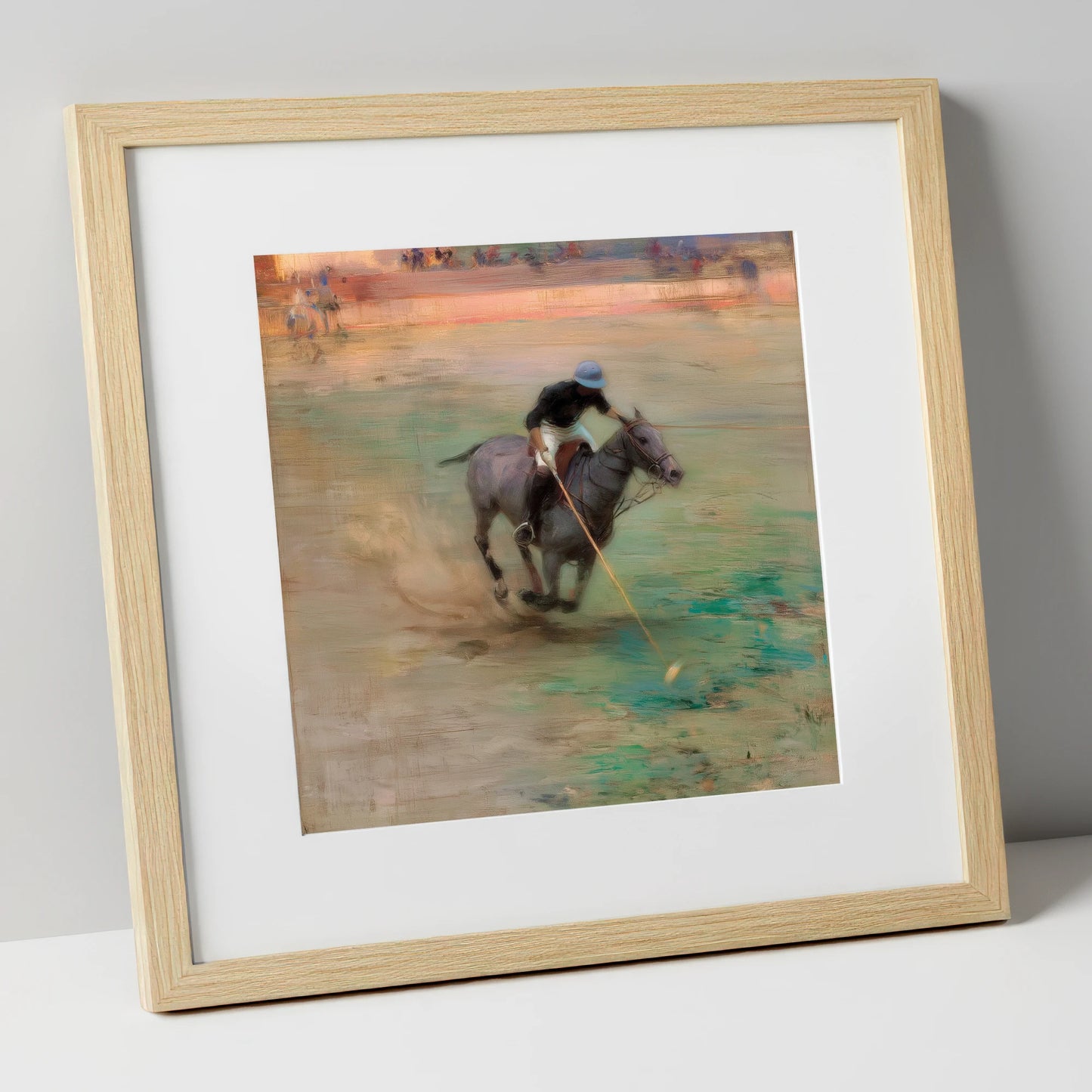 The Mid-Field Drive polo horse art print in natural frame