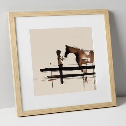 Connection at the Fence horse & rider art print in natural frame