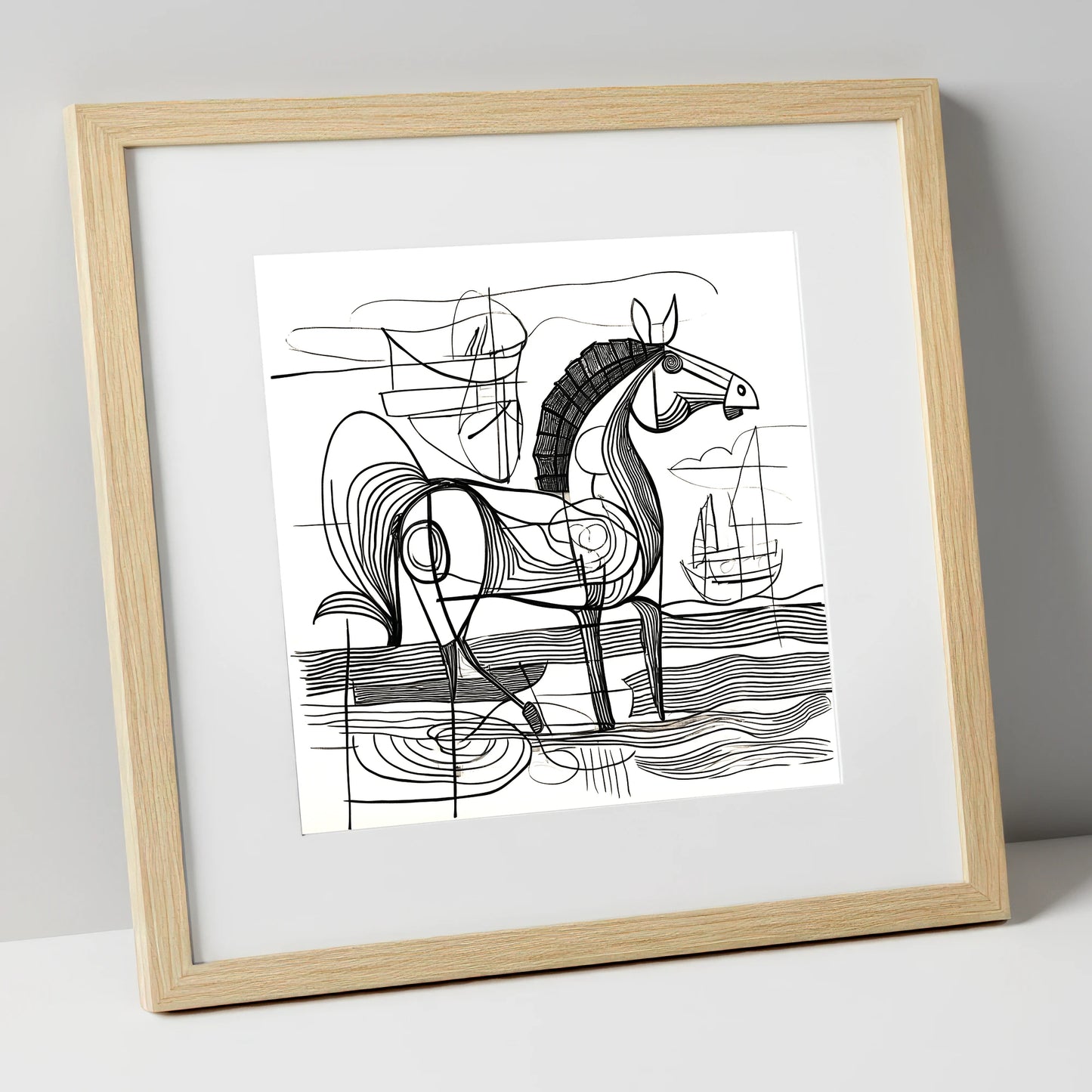 Abstract Coastal Equine beach horse art print in natural frame